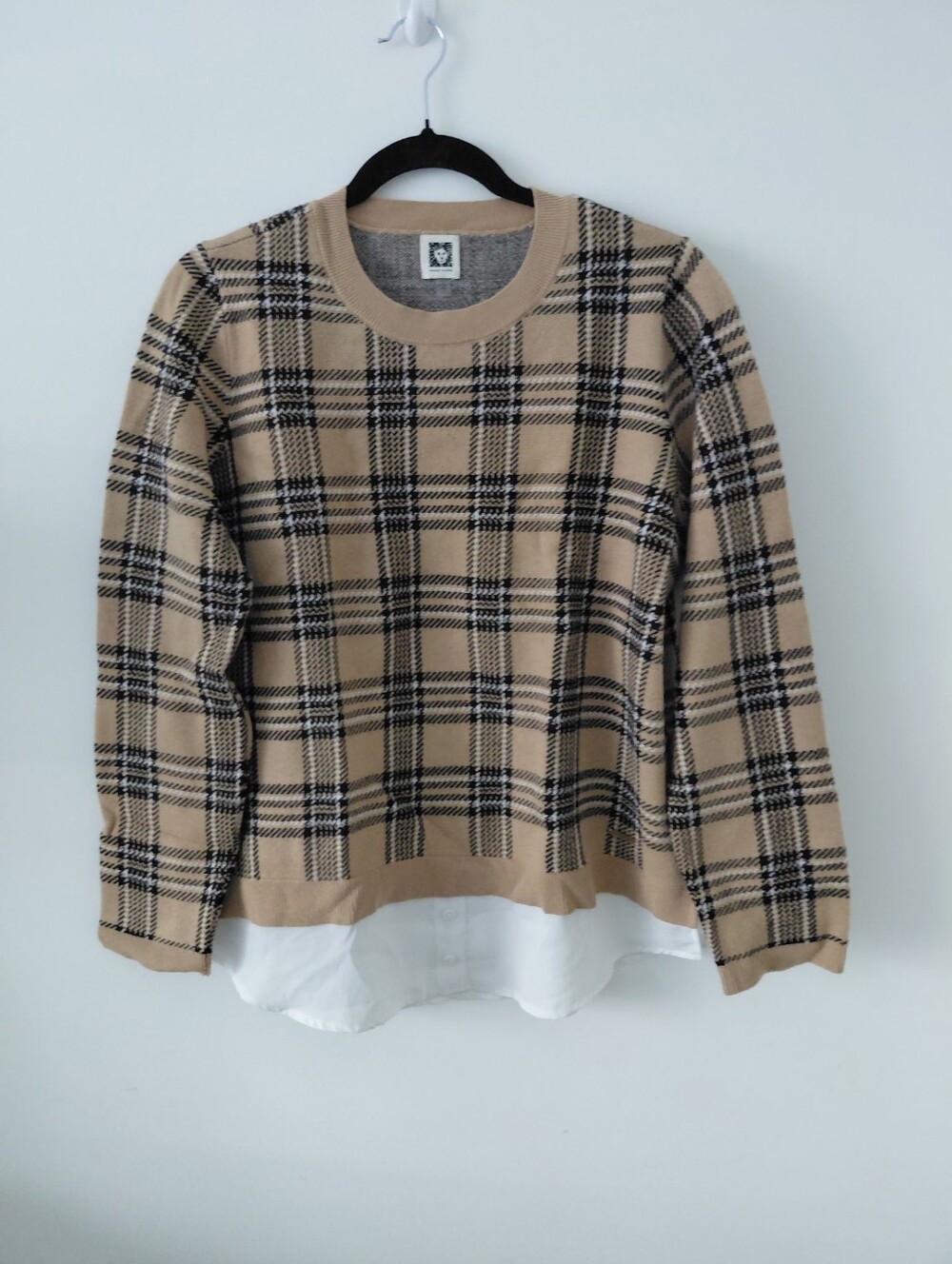 Anne Klein Beige Plaid Crewneck Sweater with Black Check